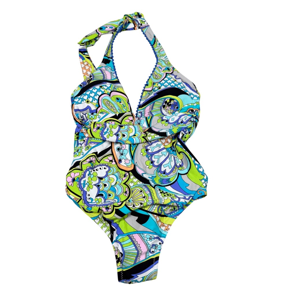 Trina Turk Paisley Floral Halter One Piece Swimsuit Blue Green Multi Womens S